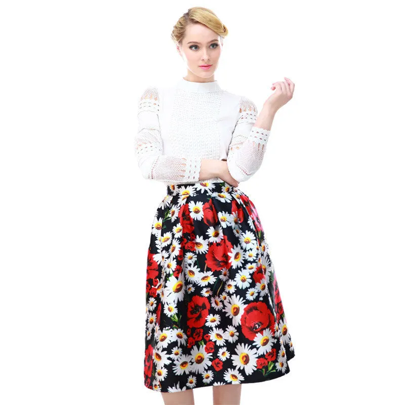 High Women Skirt Fashion Yellow Lemon Print Ball Gown Pleated High Waist Midi Skirt Women Saia S-XL