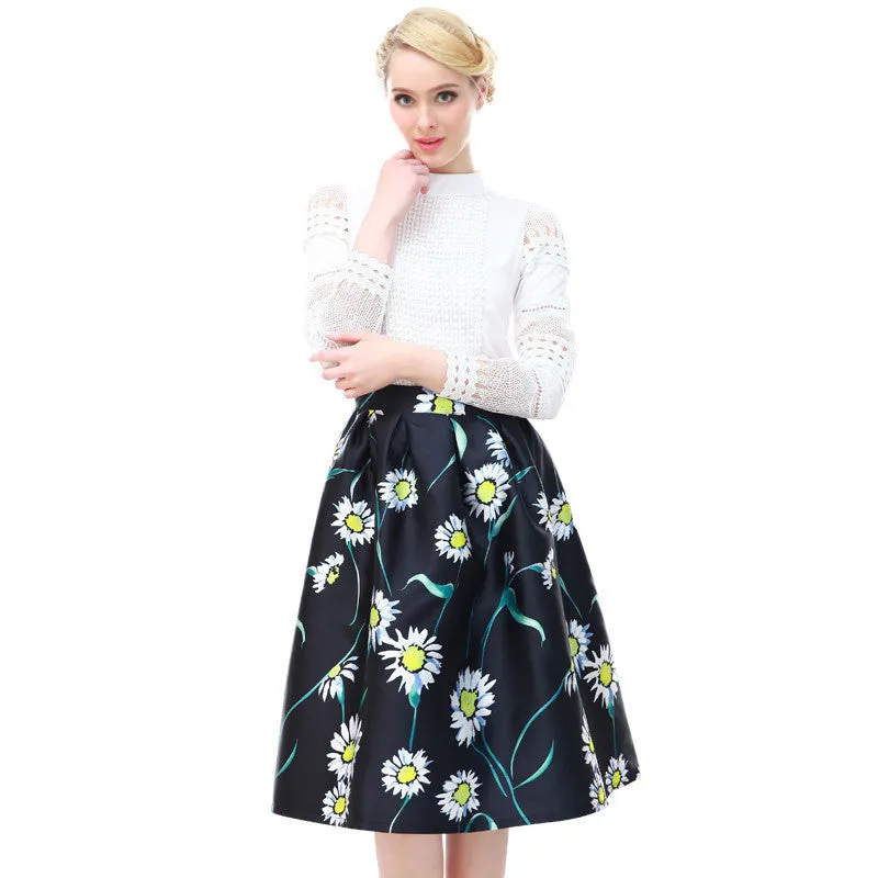 High Women Skirt Fashion Yellow Lemon Print Ball Gown Pleated High Waist Midi Skirt Women Saia S-XL