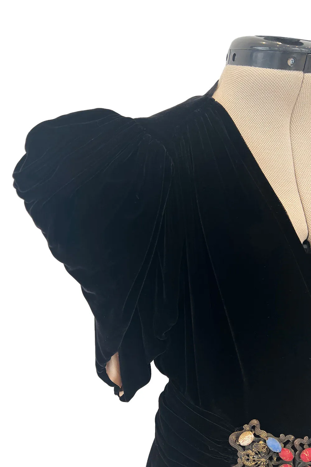 Incredible 1930s Black Silk Velvet Wrap Bias Cut Dress w Elaborate Metal &  Bead Belt