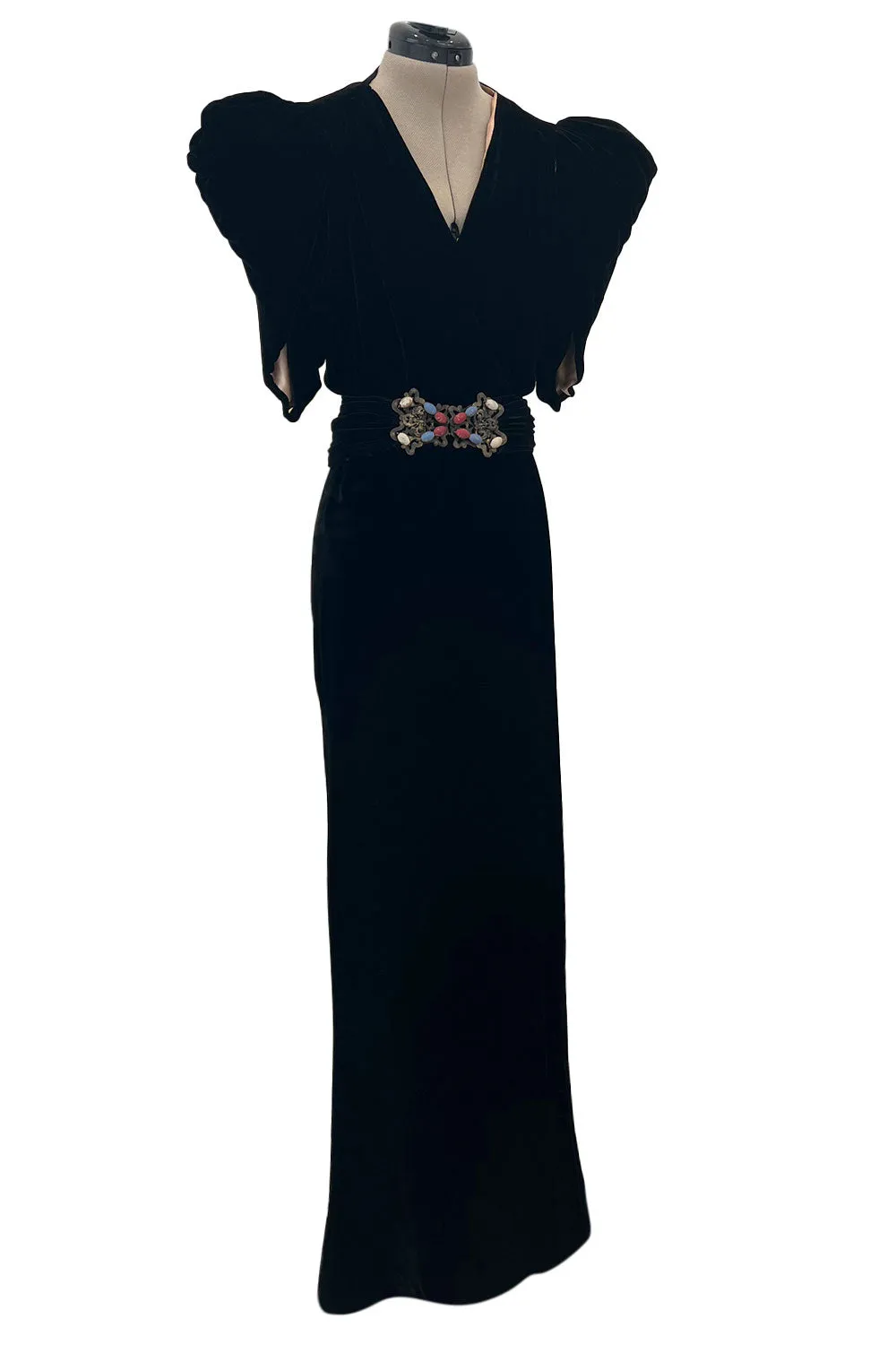 Incredible 1930s Black Silk Velvet Wrap Bias Cut Dress w Elaborate Metal &  Bead Belt
