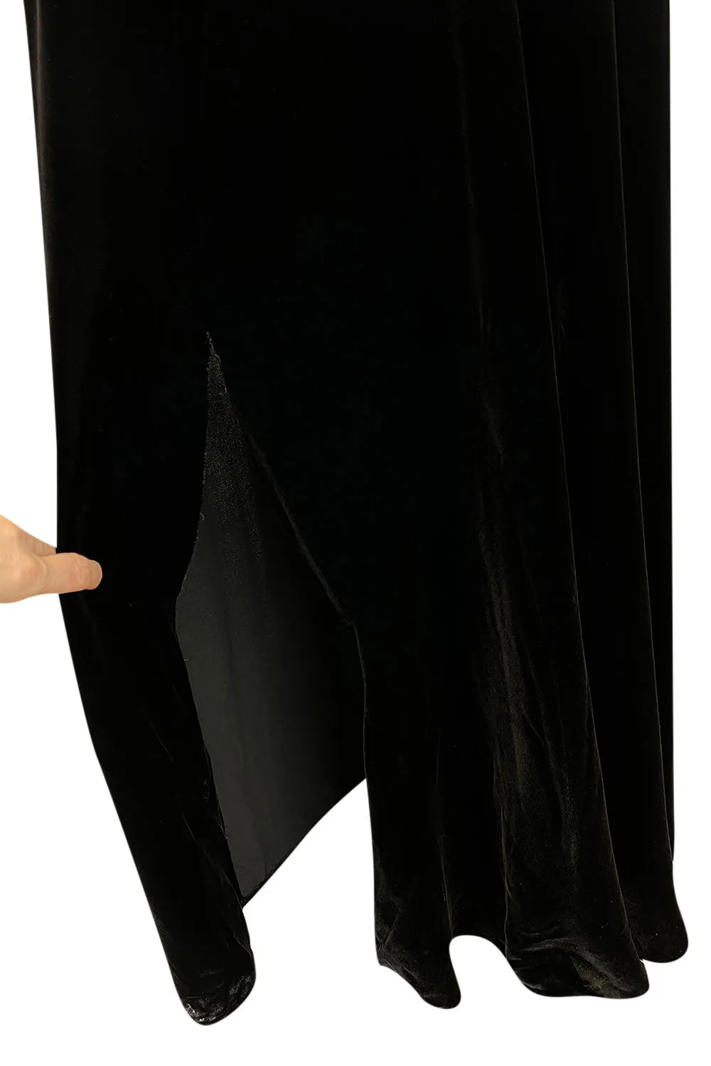 Incredible 1930s Black Silk Velvet Wrap Bias Cut Dress w Elaborate Metal &  Bead Belt