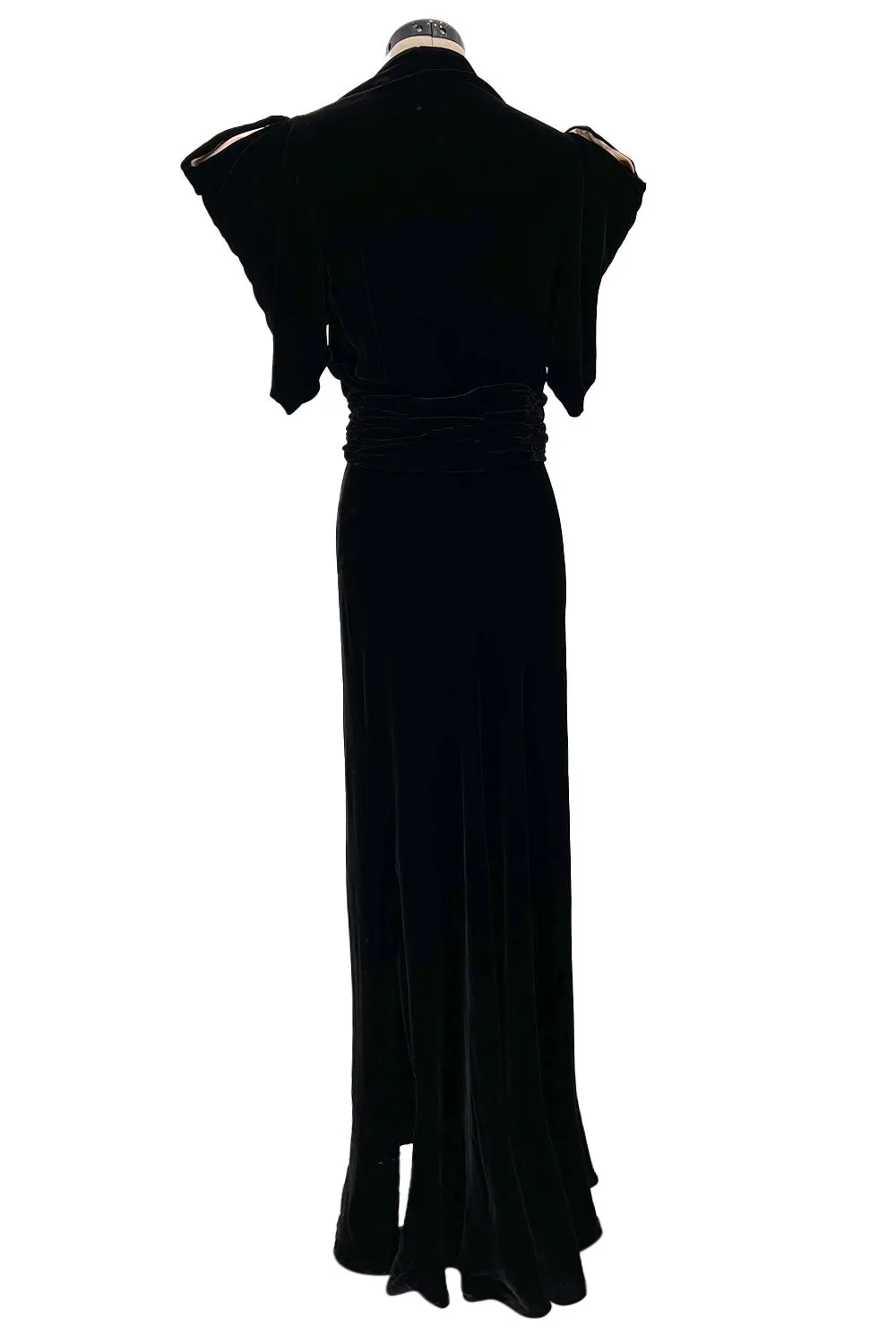 Incredible 1930s Black Silk Velvet Wrap Bias Cut Dress w Elaborate Metal &  Bead Belt