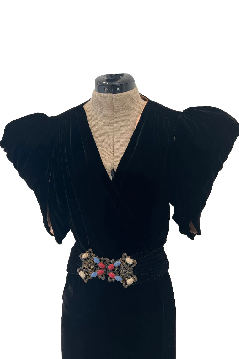 Incredible 1930s Black Silk Velvet Wrap Bias Cut Dress w Elaborate Metal &  Bead Belt
