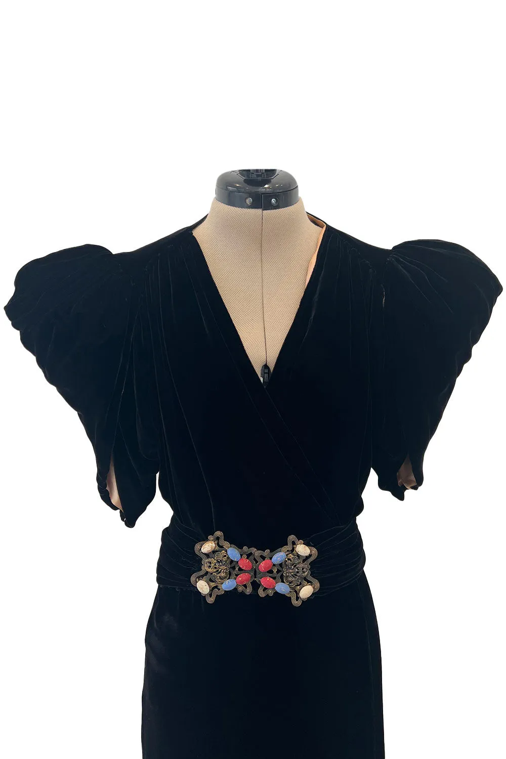 Incredible 1930s Black Silk Velvet Wrap Bias Cut Dress w Elaborate Metal &  Bead Belt