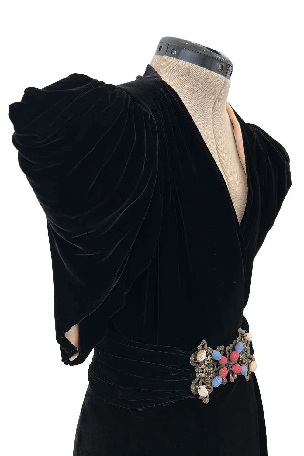 Incredible 1930s Black Silk Velvet Wrap Bias Cut Dress w Elaborate Metal &  Bead Belt