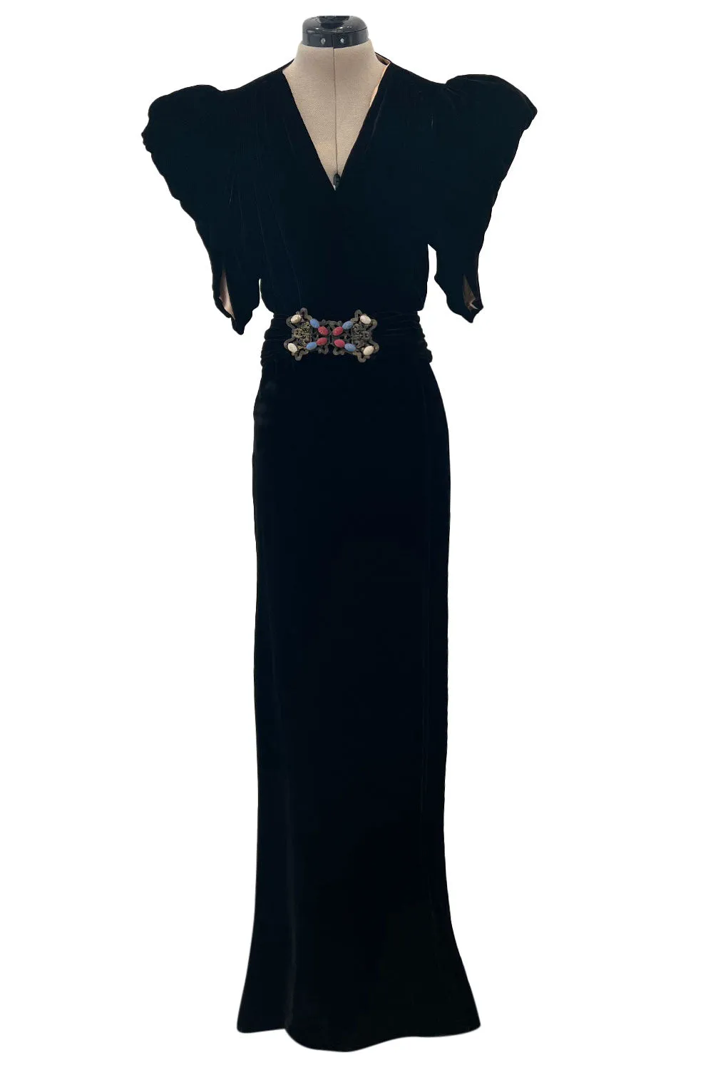 Incredible 1930s Black Silk Velvet Wrap Bias Cut Dress w Elaborate Metal &  Bead Belt