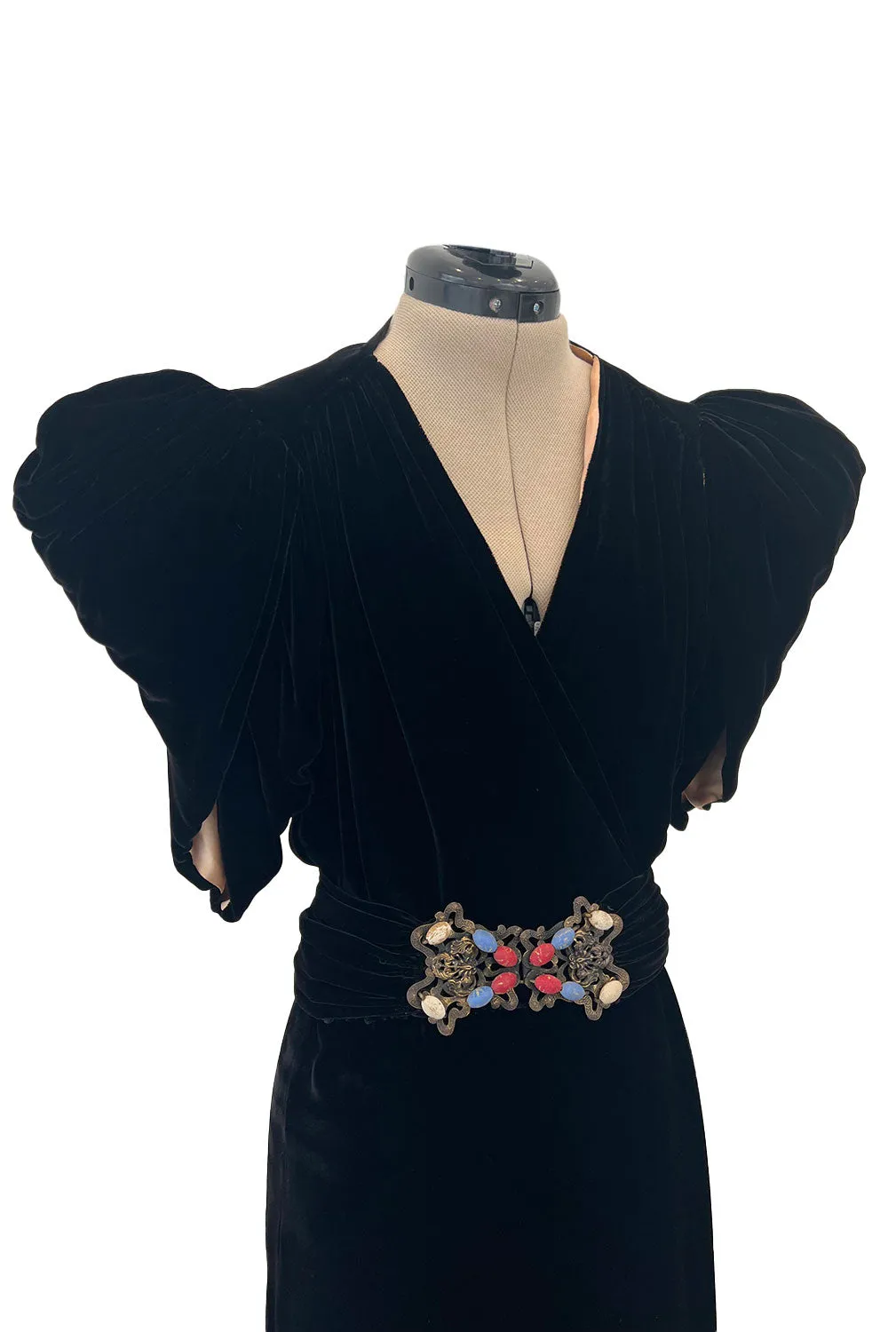 Incredible 1930s Black Silk Velvet Wrap Bias Cut Dress w Elaborate Metal &  Bead Belt