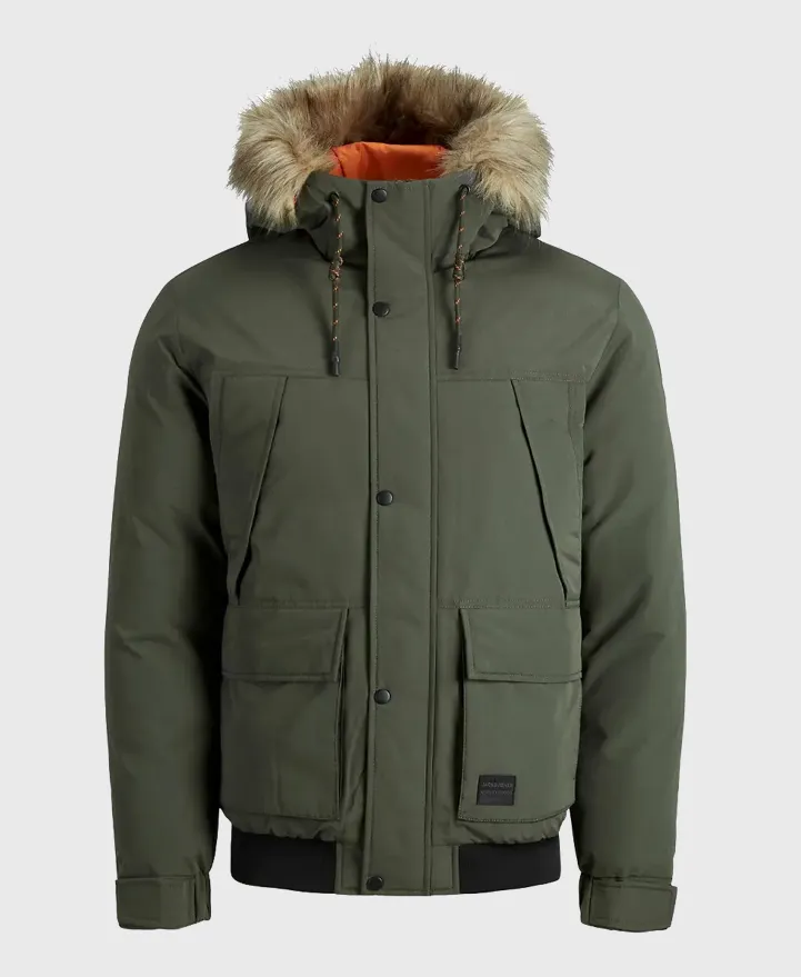 Jack Jones Winner Fur Bomber Jacket Khaki Green