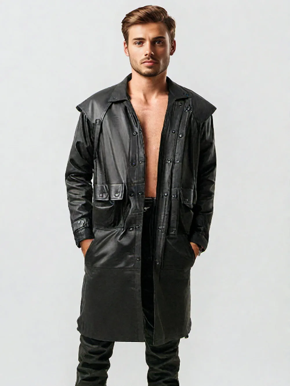 Knee Length Cape Leather Coat for Men