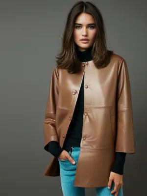 Knee-Length Leather Lambskin Coat