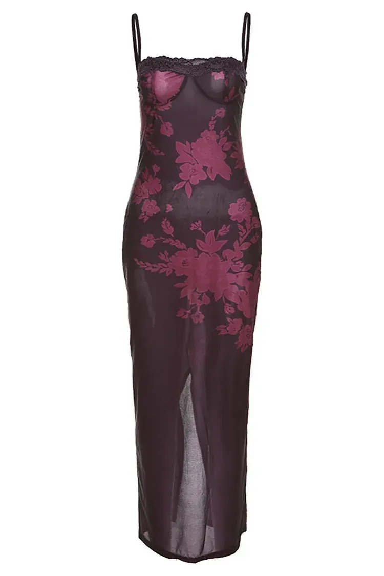 Lace Irregular Neck Floral Print Bodycon Slit Slip Formal Party Maxi Dresses