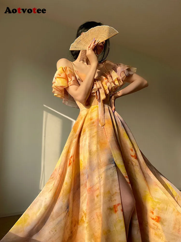 Ladies Print A-Line Ruffle Spaghetti Strap Midi Dress