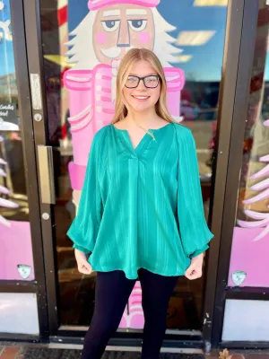 Ladies Teal Green Stripe Satin V-Notched Blouse Bubble Sleeves