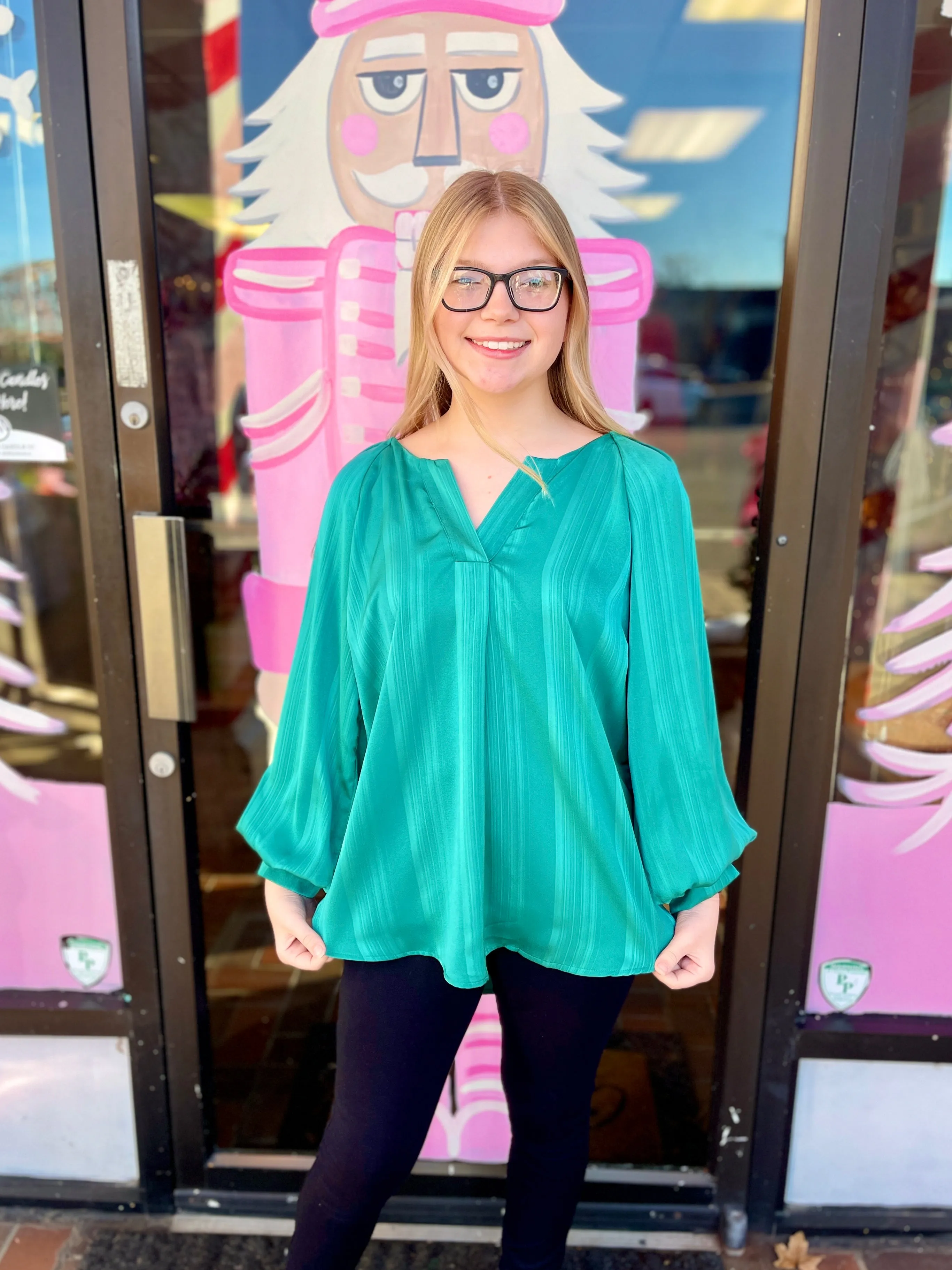 Ladies Teal Green Stripe Satin V-Notched Blouse Bubble Sleeves