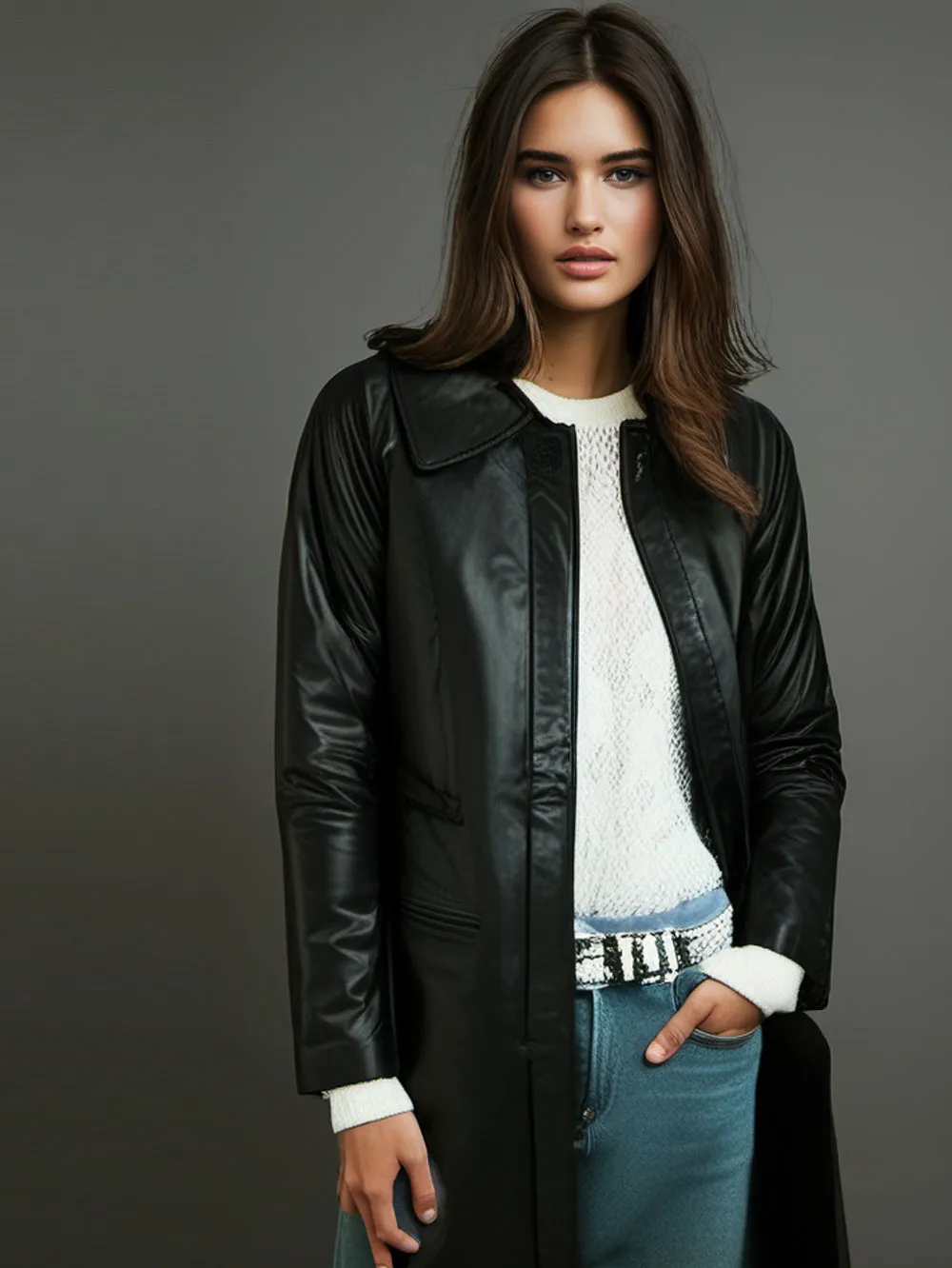 Lambskin Leather Coat with Tabbed Cuffs for Women