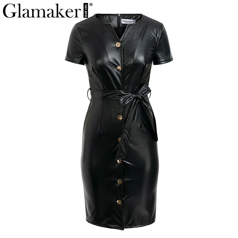 Leather V Neck Sexy Bodycon Dress