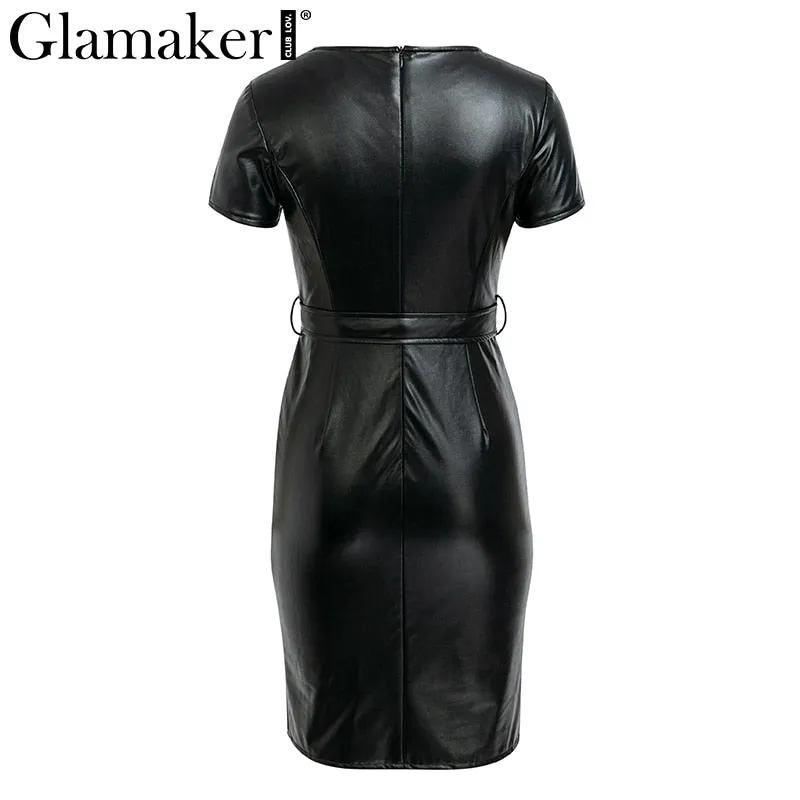 Leather V Neck Sexy Bodycon Dress