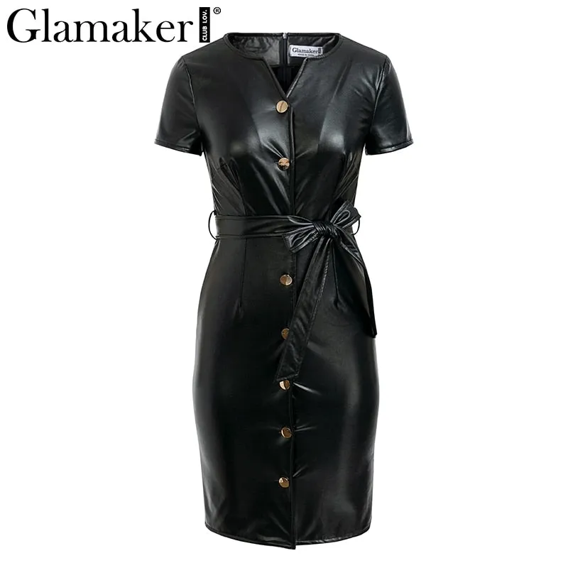 Leather V Neck Sexy Bodycon Dress