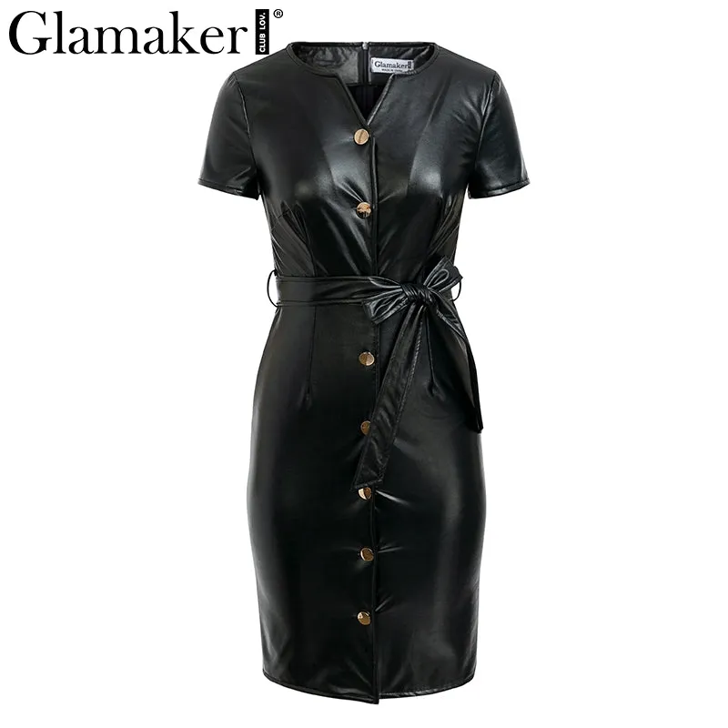 Leather V Neck Sexy Bodycon Dress