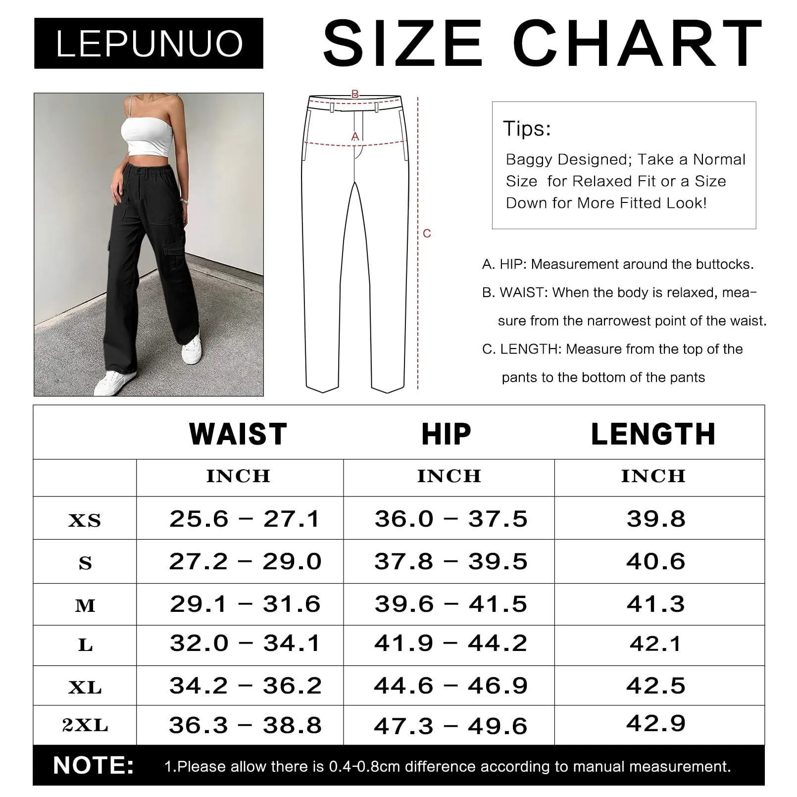 Lepunuo Cargo Pants for Women Baggy Zipper Y2K Pants Light Baggy Jogger Black