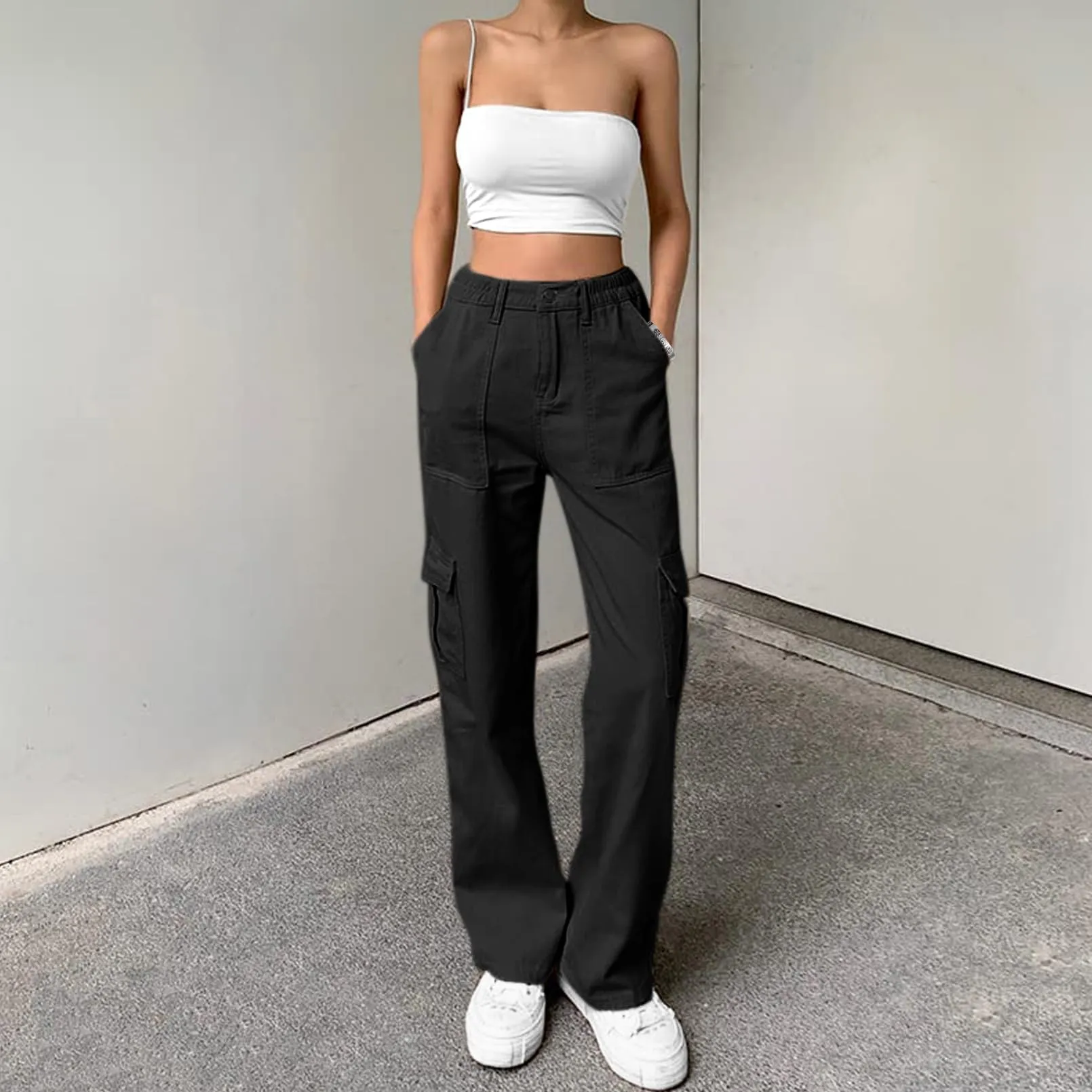 Lepunuo Cargo Pants for Women Baggy Zipper Y2K Pants Light Baggy Jogger Black