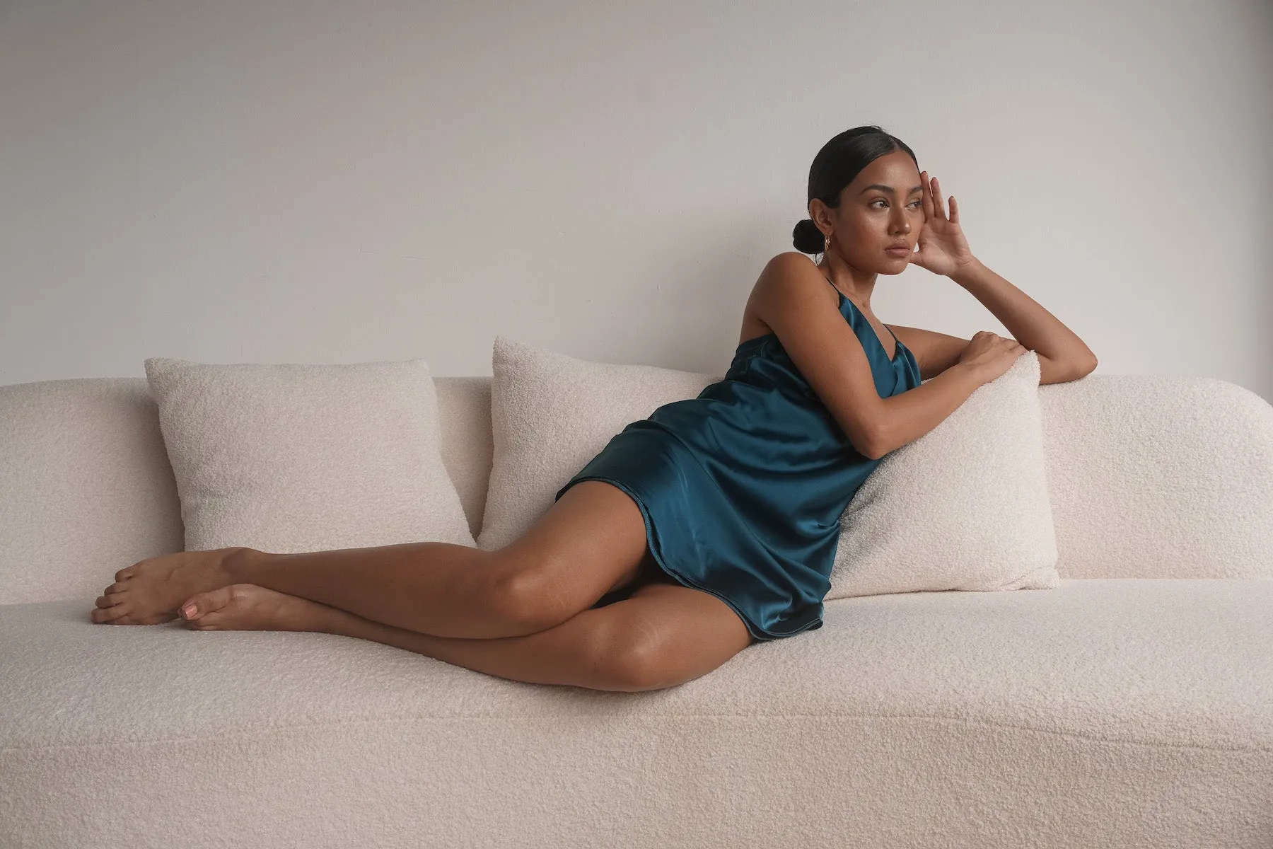 LIGHT SILK SATIN SLIP DRESS TEAL GREEN