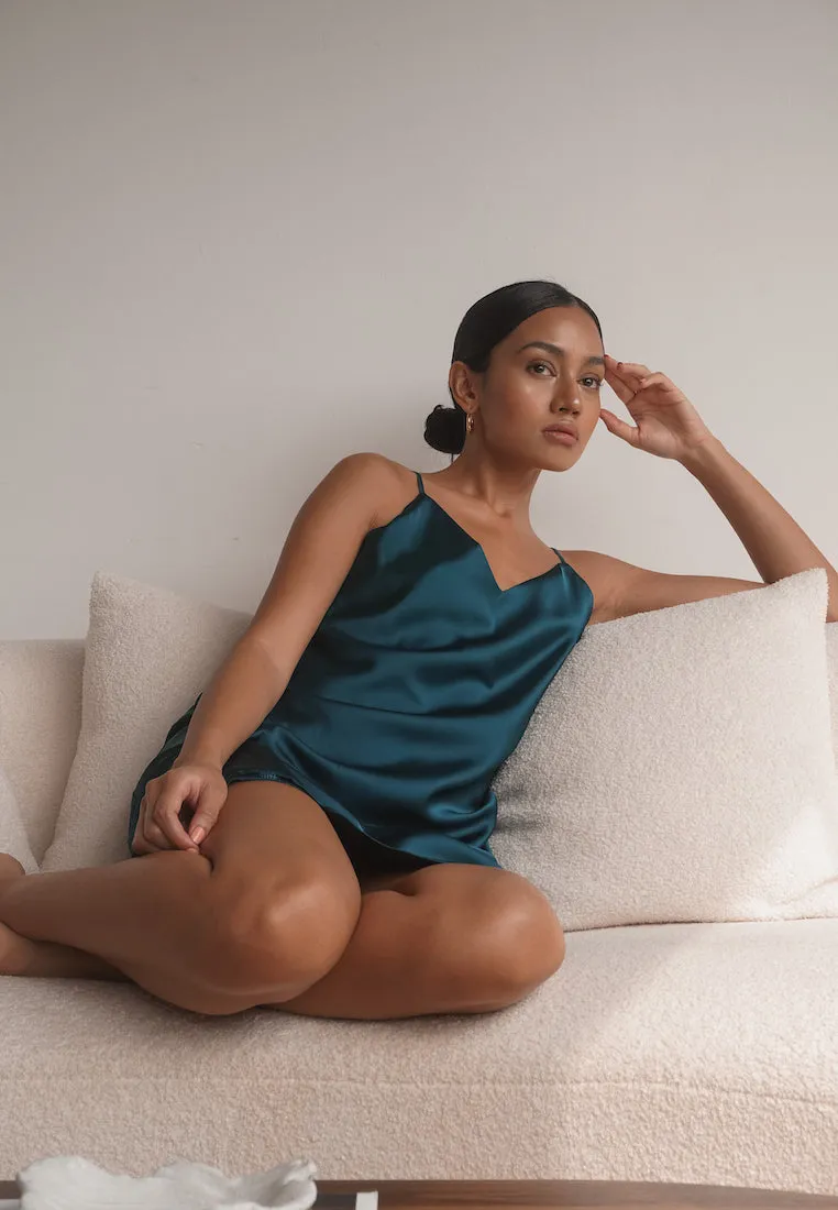LIGHT SILK SATIN SLIP DRESS TEAL GREEN