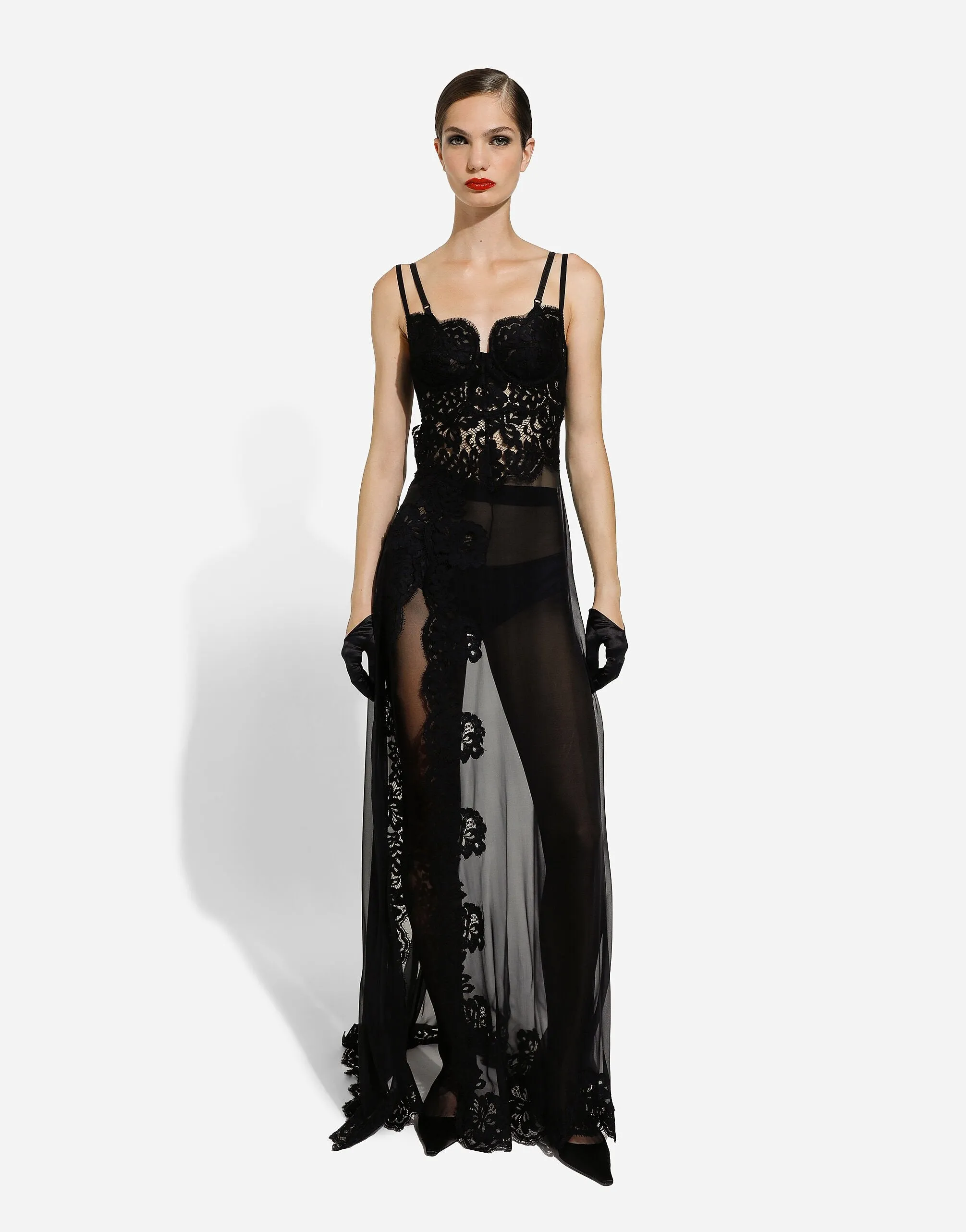 Long Silk Chiffon And Chantilly Lace Slip Dress
