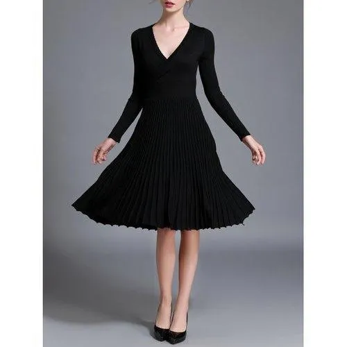 Long Sleeve High Waist Pleated Dress - Black One Size