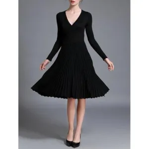 Long Sleeve High Waist Pleated Dress - Black One Size