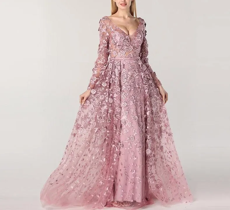 Long Sleeves Mermaid With Cap Evening Dresses New V-Neck Appliques Fashion Sexy Formal Dress