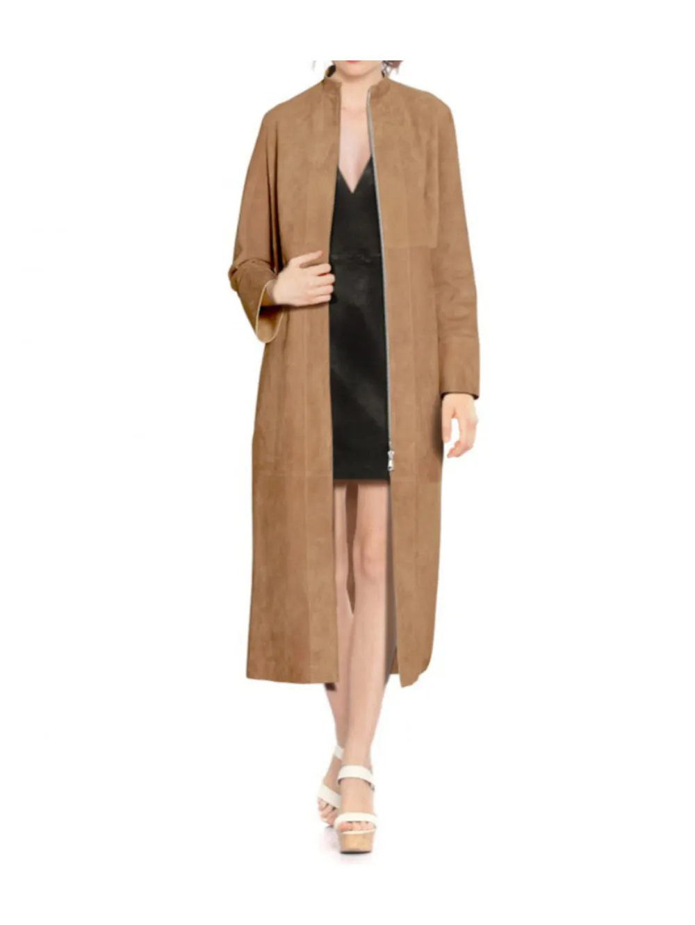 Long Suede Zip-Front Leather Coat for Women