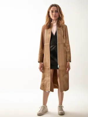 Long Suede Zip-Front Leather Coat for Women