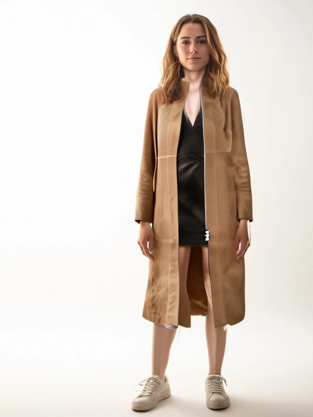 Long Suede Zip-Front Leather Coat for Women