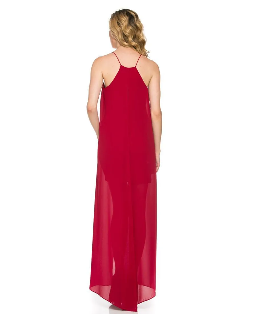 Luxurious Sheer Open Side Split Mini Dress Wine Burgundy