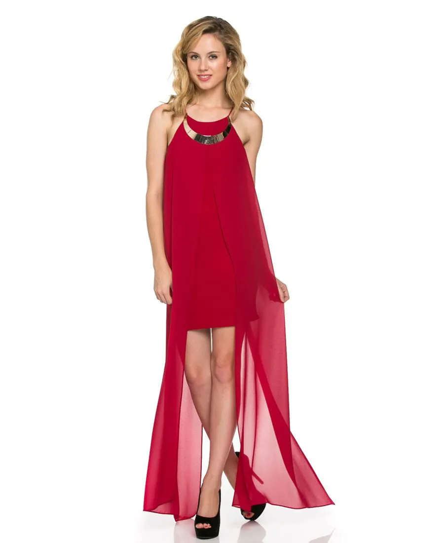 Luxurious Sheer Open Side Split Mini Dress Wine Burgundy