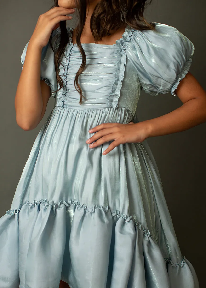 Mathilda Petticoat Dress in Powder Blue Iridescent