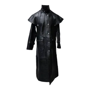 Mens Black Crocodile Print Leather Duster Riding Hunting Steampunk Trench Matrix Coat - T7-CROC