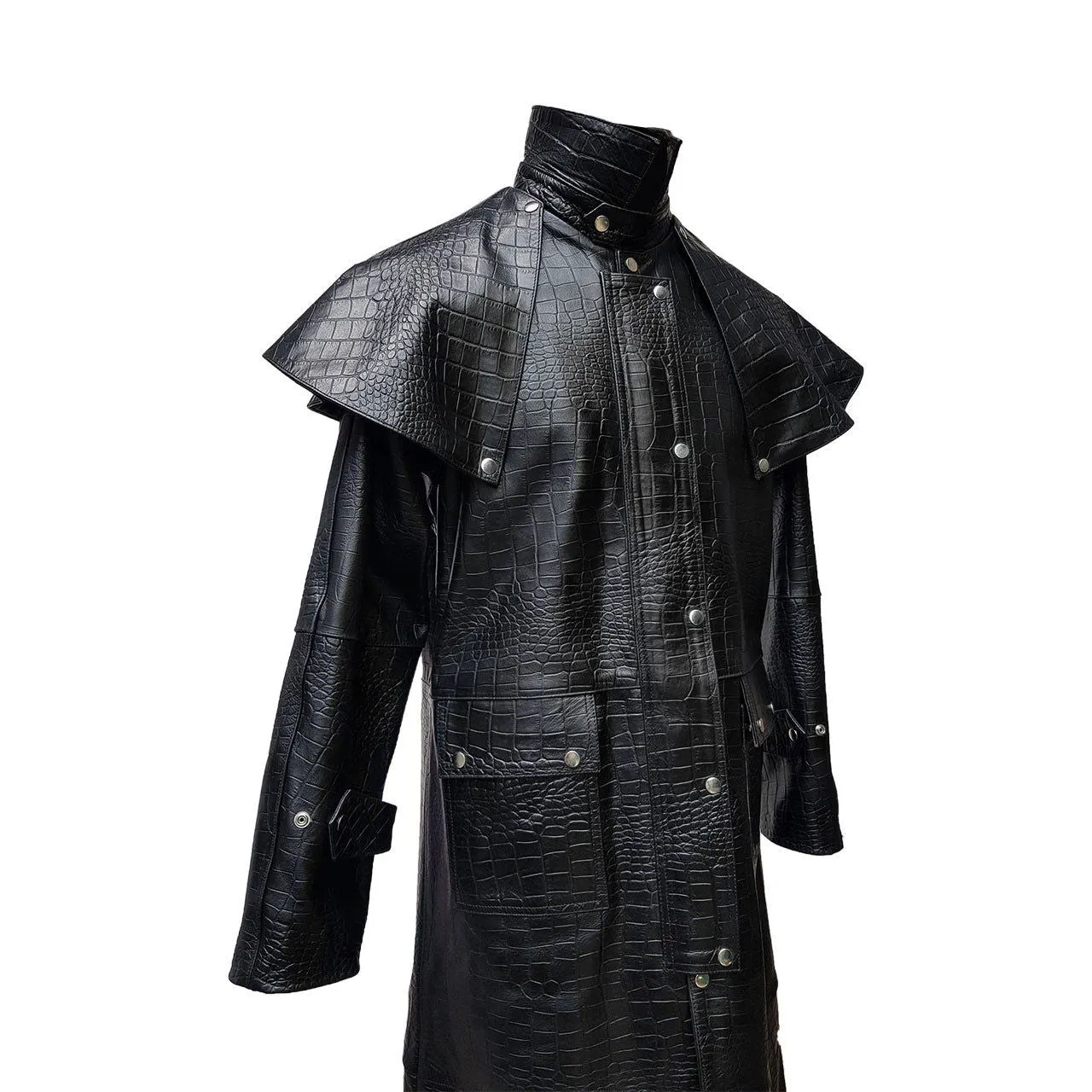 Mens Black Crocodile Print Leather Duster Riding Hunting Steampunk Trench Matrix Coat - T7-CROC