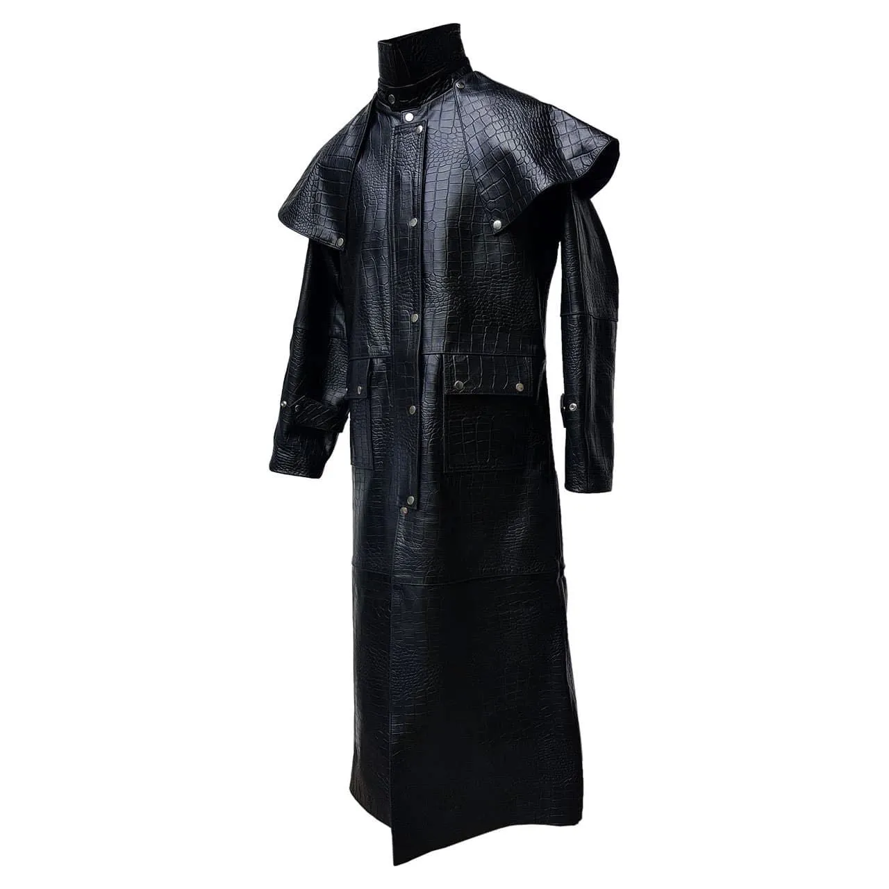 Mens Black Crocodile Print Leather Duster Riding Hunting Steampunk Trench Matrix Coat - T7-CROC