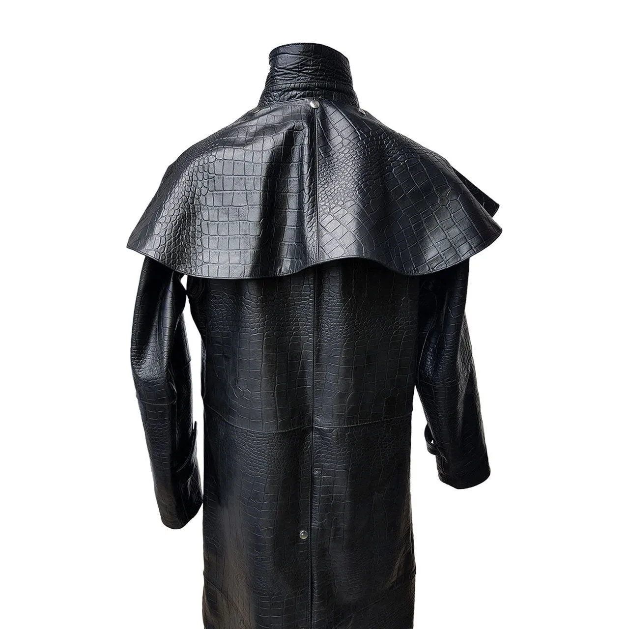 Mens Black Crocodile Print Leather Duster Riding Hunting Steampunk Trench Matrix Coat - T7-CROC