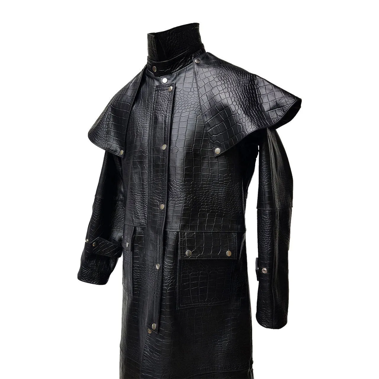 Mens Black Crocodile Print Leather Duster Riding Hunting Steampunk Trench Matrix Coat - T7-CROC
