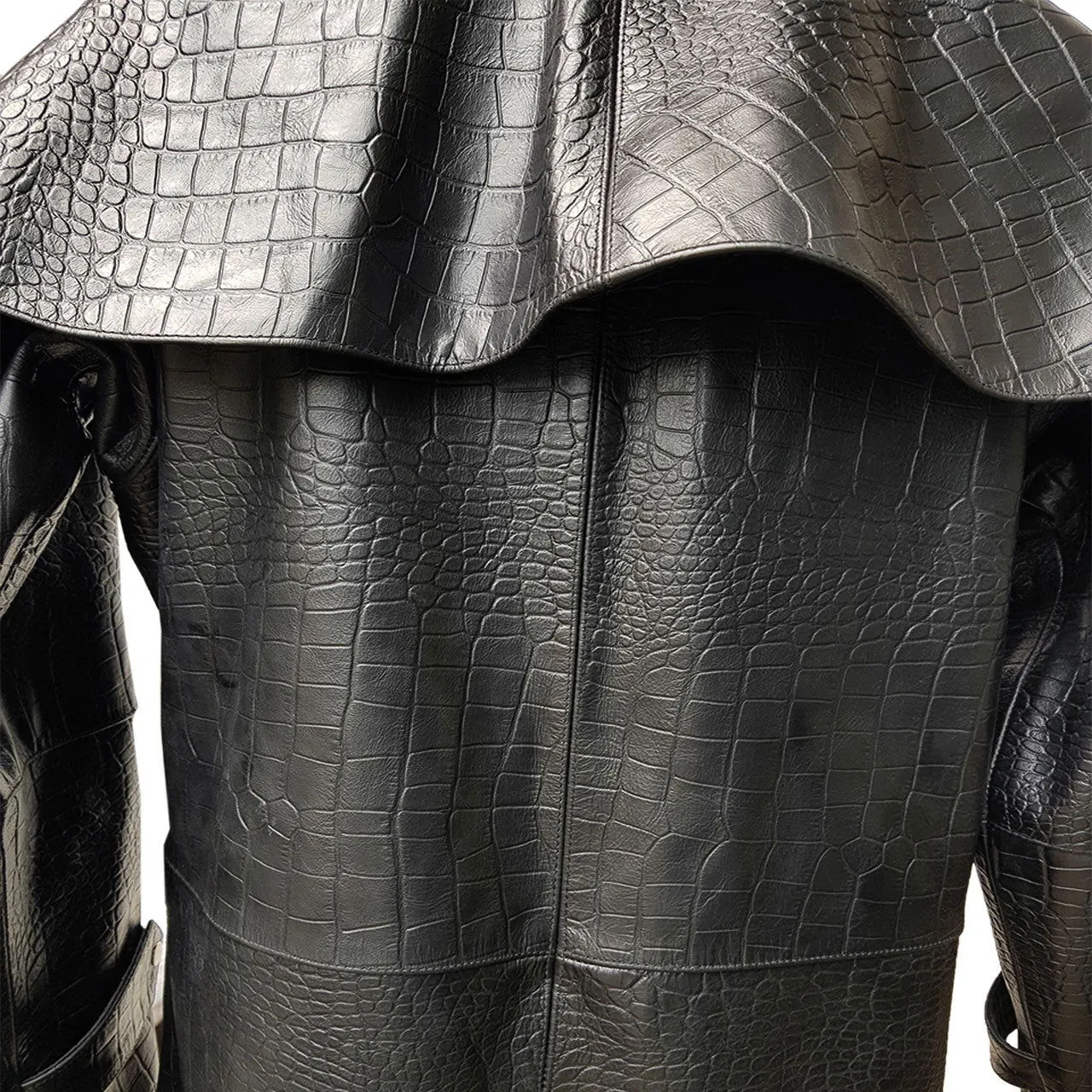 Mens Black Crocodile Print Leather Duster Riding Hunting Steampunk Trench Matrix Coat - T7-CROC