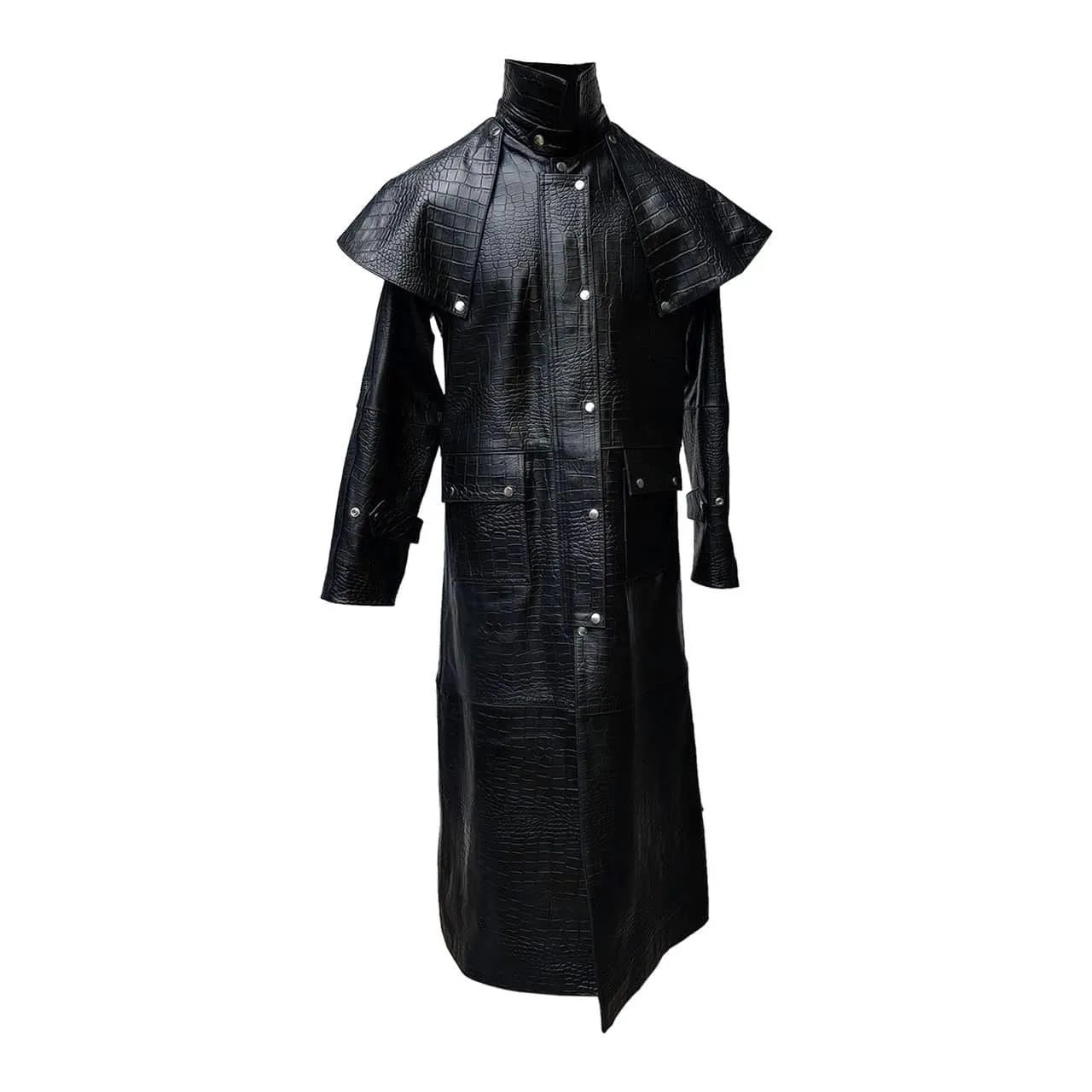Mens Black Crocodile Print Leather Duster Riding Hunting Steampunk Trench Matrix Coat - T7-CROC