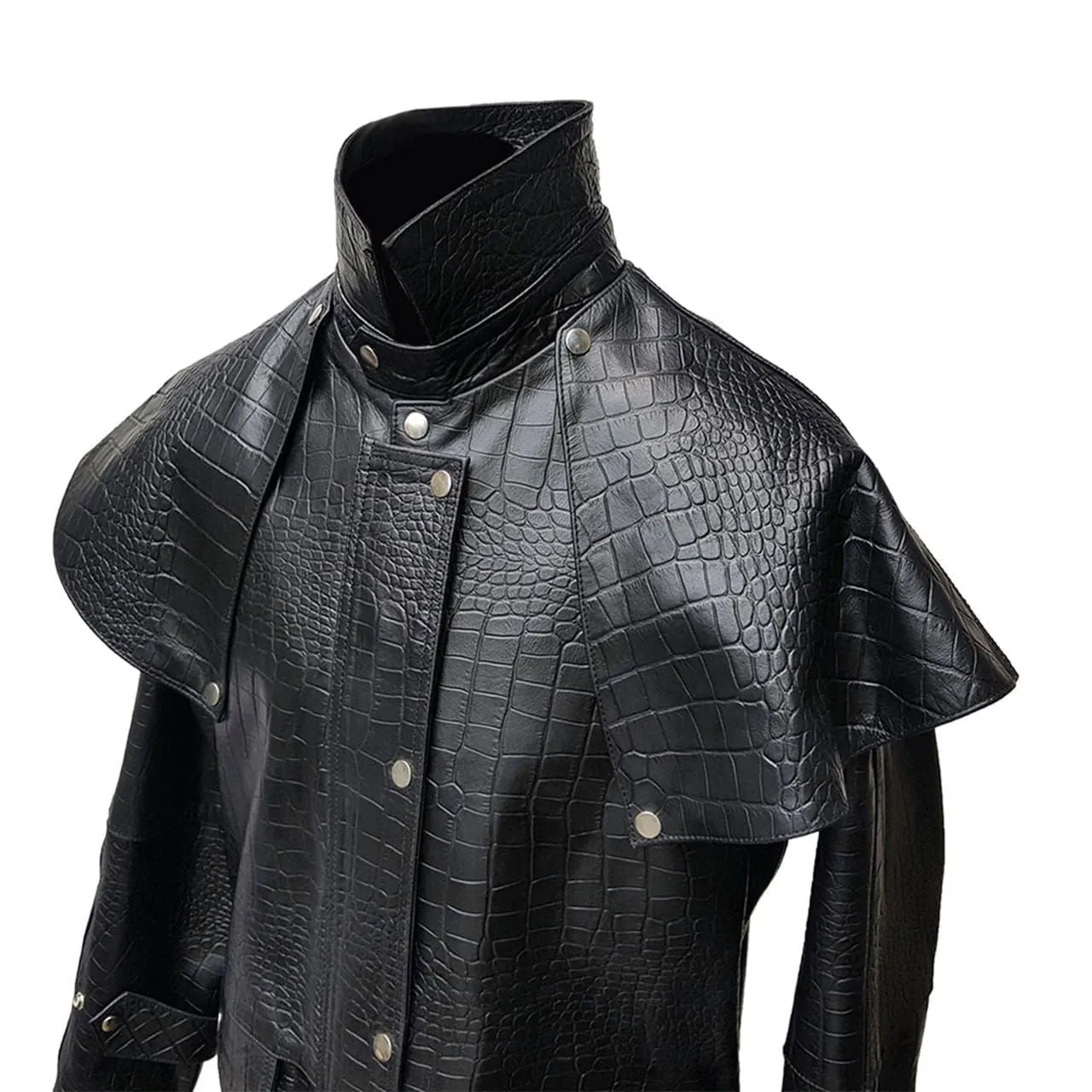 Mens Black Crocodile Print Leather Duster Riding Hunting Steampunk Trench Matrix Coat - T7-CROC