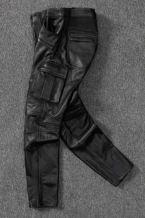Men's Real Cowhide Leather Cargo Pants Bikers Pants
