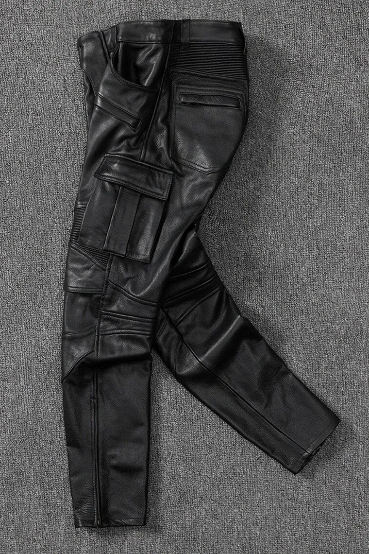 Men's Real Cowhide Leather Cargo Pants Bikers Pants