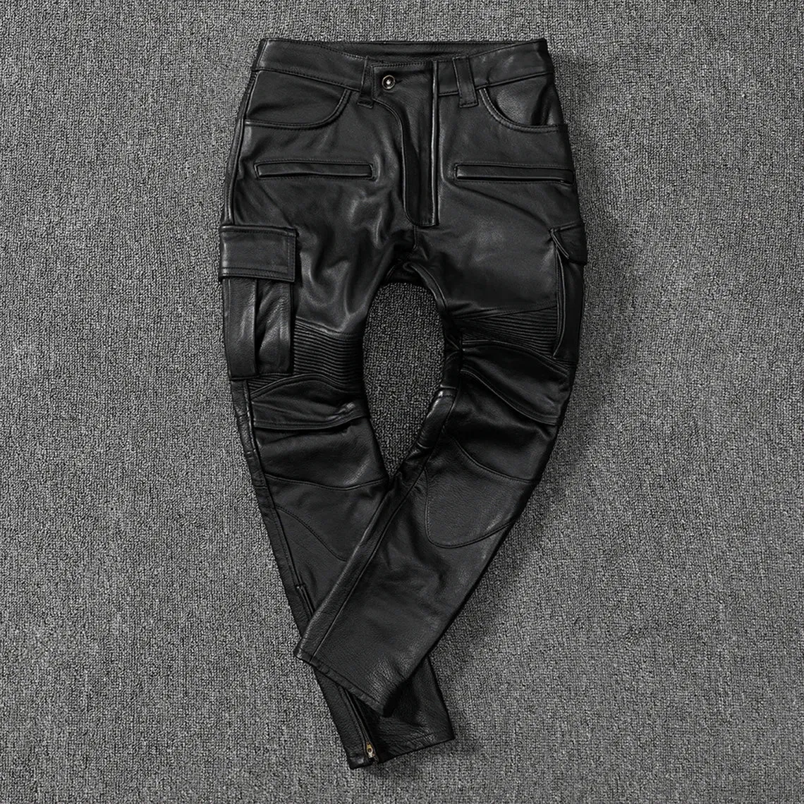 Men's Real Cowhide Leather Cargo Pants Bikers Pants