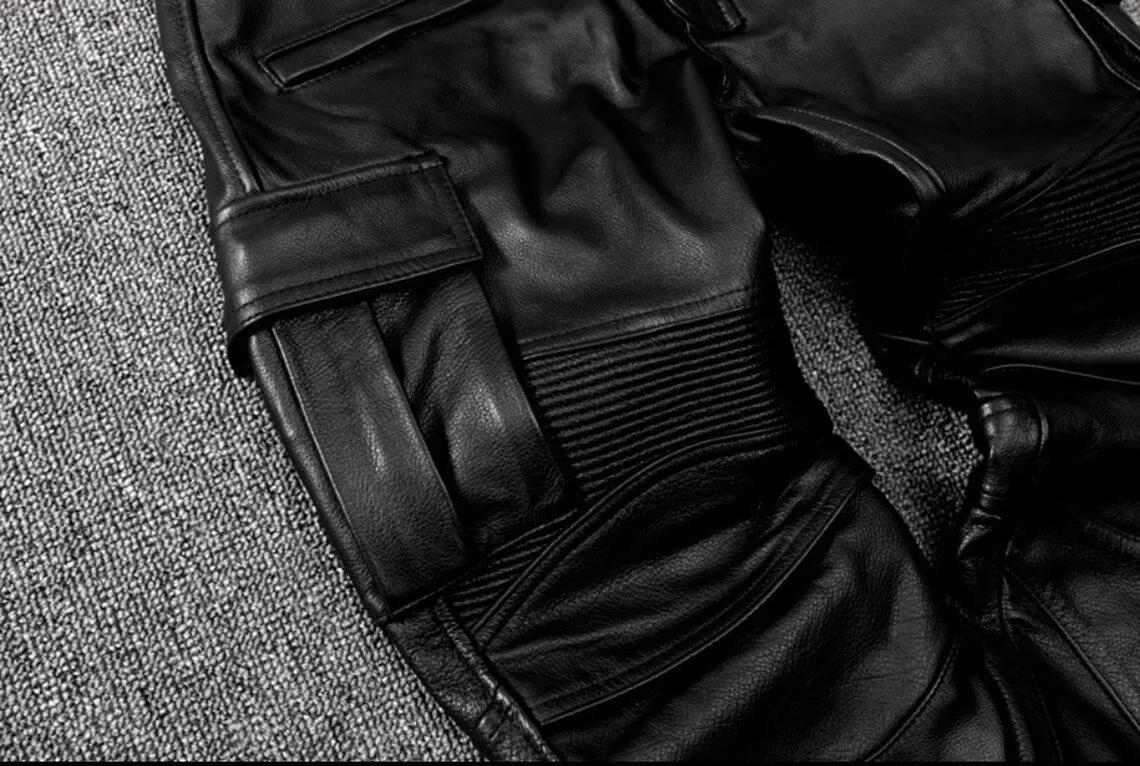 Men's Real Cowhide Leather Cargo Pants Bikers Pants