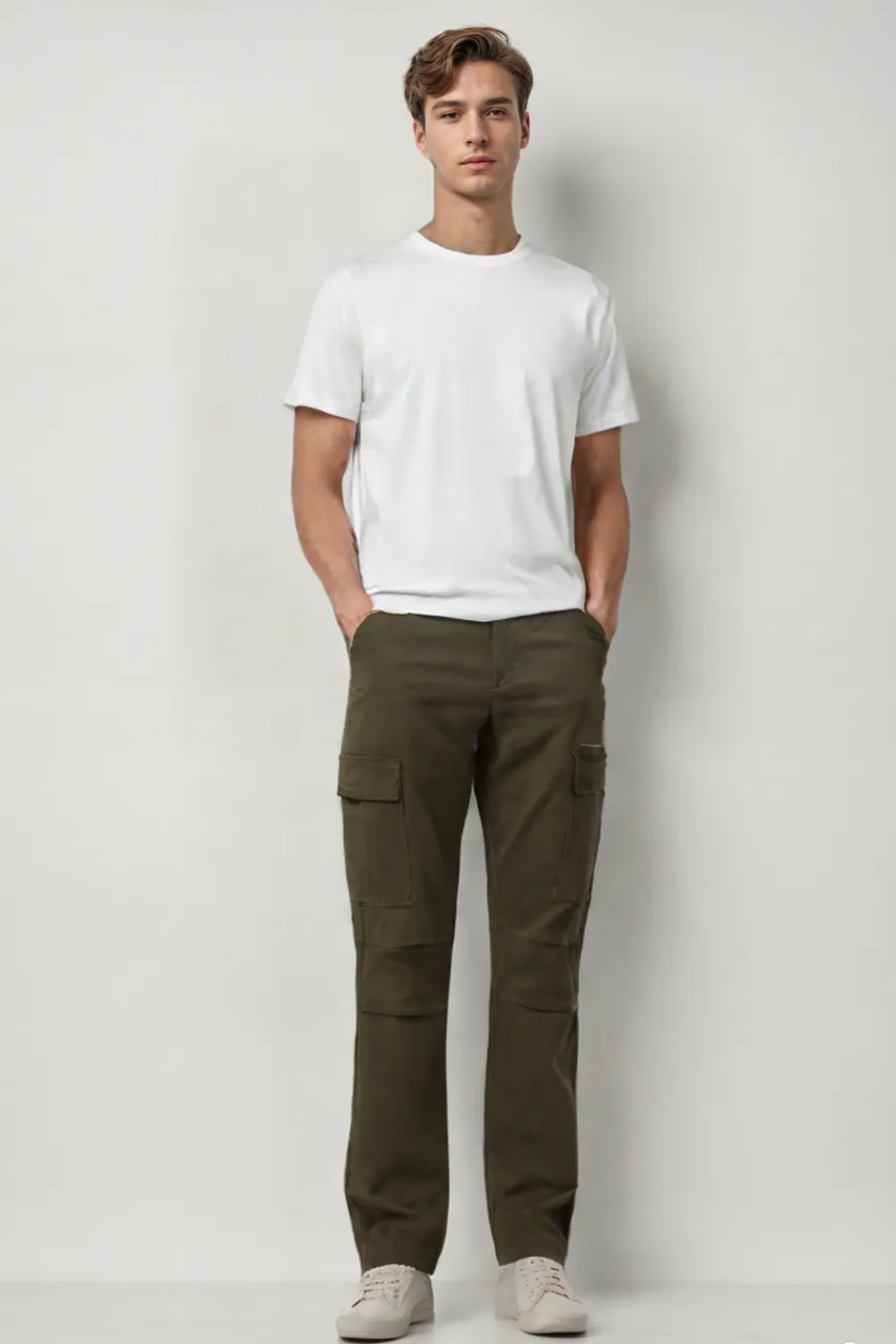 MENS STRETCH TWILL CARGO PANTS WITH PEACH EFFECT - OLIVE